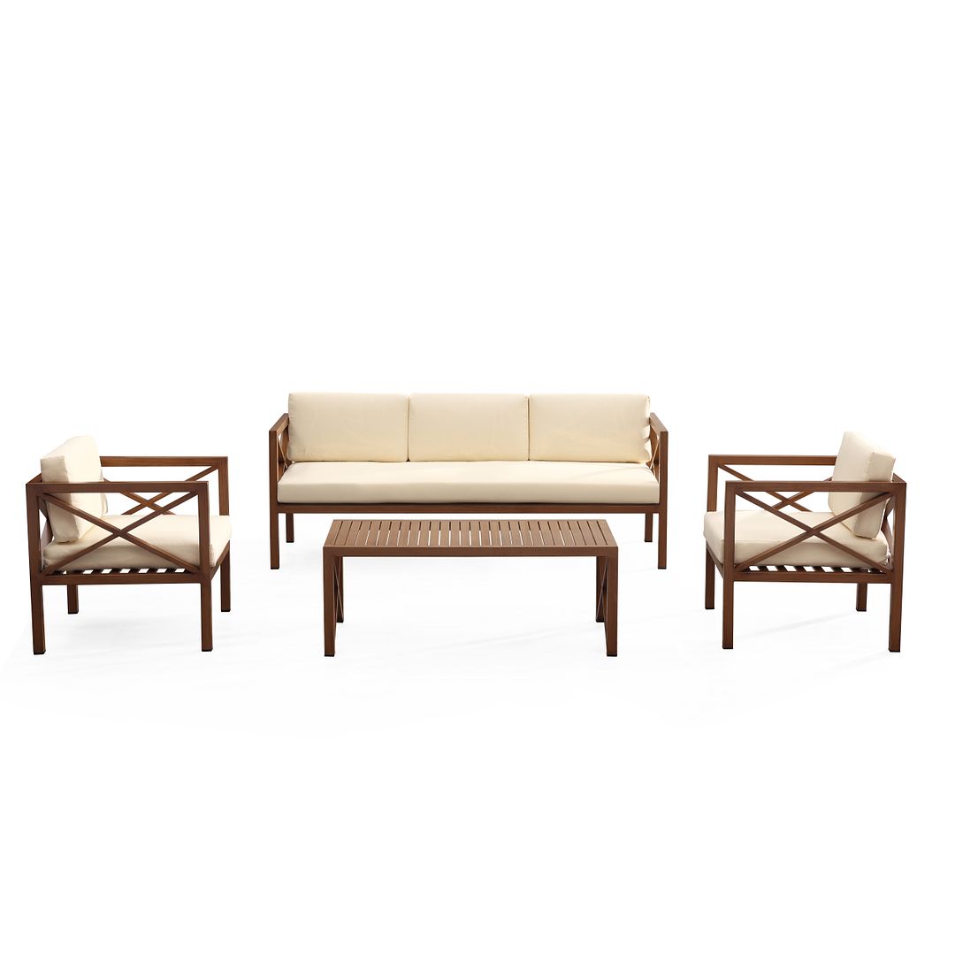 Manhattan Comfort Kingsbay Outdoor Patio Conversation Set In Brown & Cream