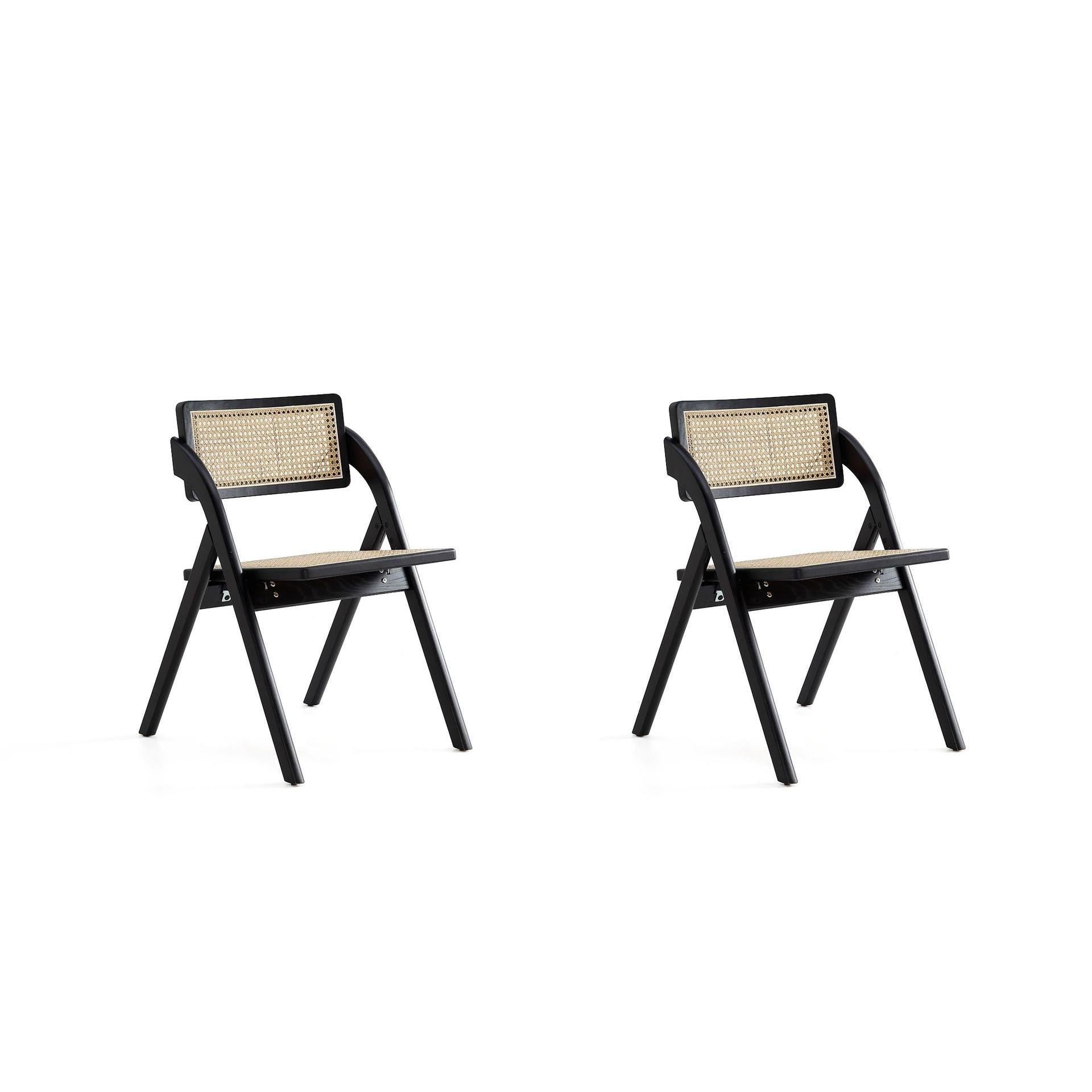 Manhattan Comfort Lambinet Black & Natural Cane Folding Dining Chairs In A Set Of 2