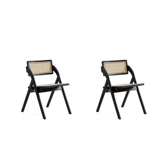 Manhattan Comfort Lambinet Black & Natural Cane Folding Dining Chairs In A Set Of 2