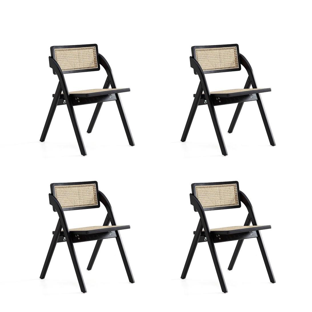 Manhattan Comfort Lambinet Black & Natural Cane Folding Dining Chairs In A Set Of 4