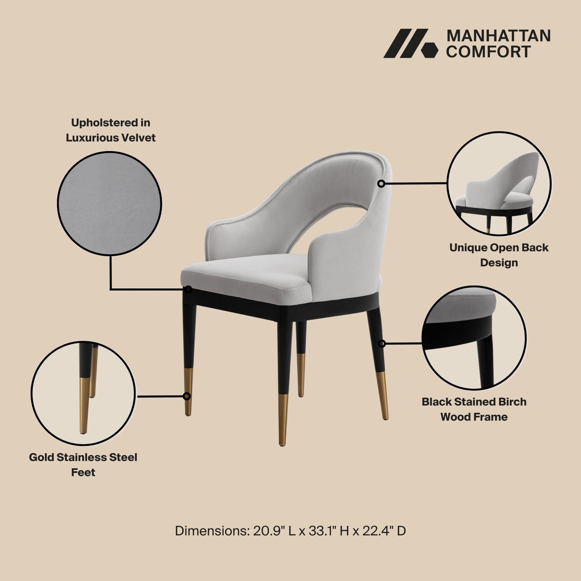 Manhattan Comfort Light Gray Modern Carrington Velvet Dining Armchair In A Set Of 2