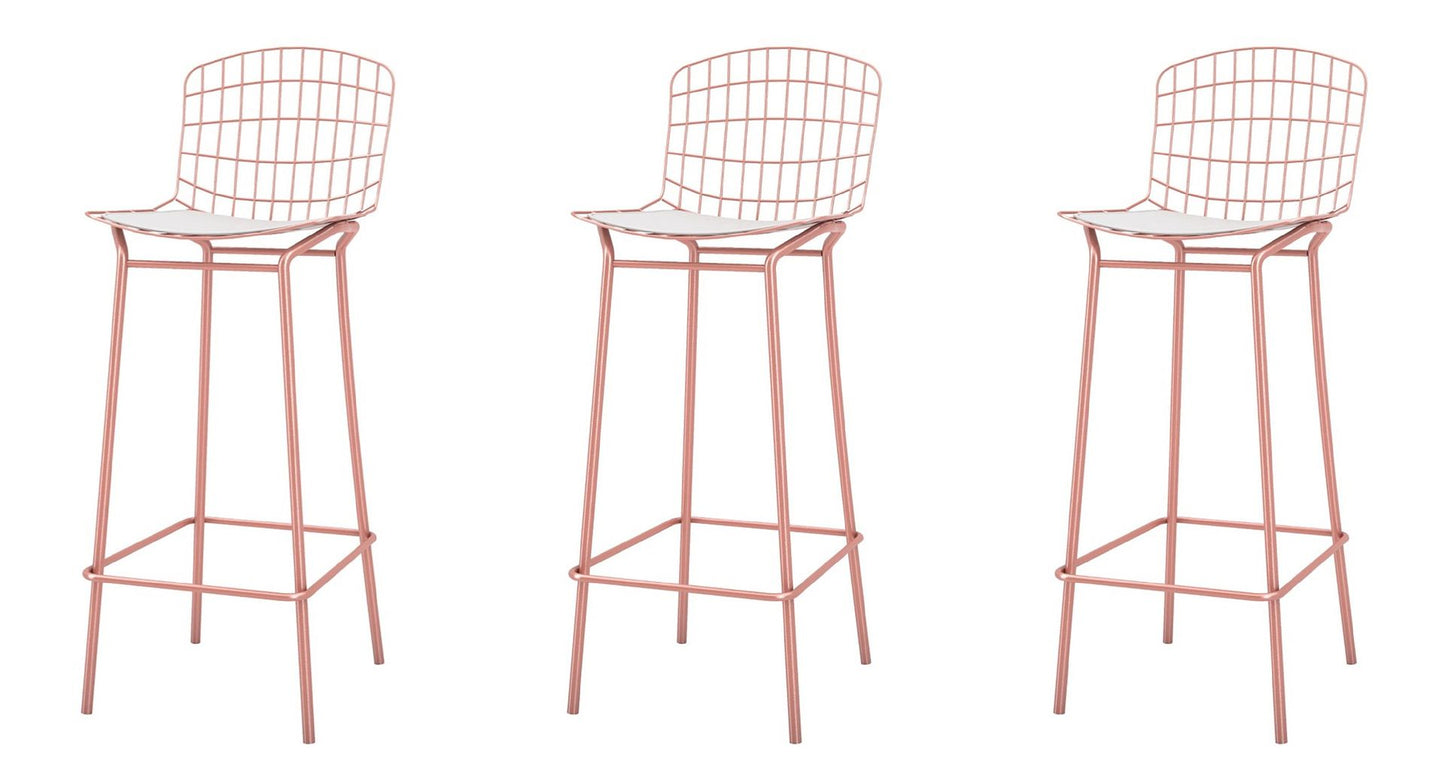Manhattan Comfort Madeline 42" Barstool Set Of 3 With Seat Cushion In Rose Pink Gold & White