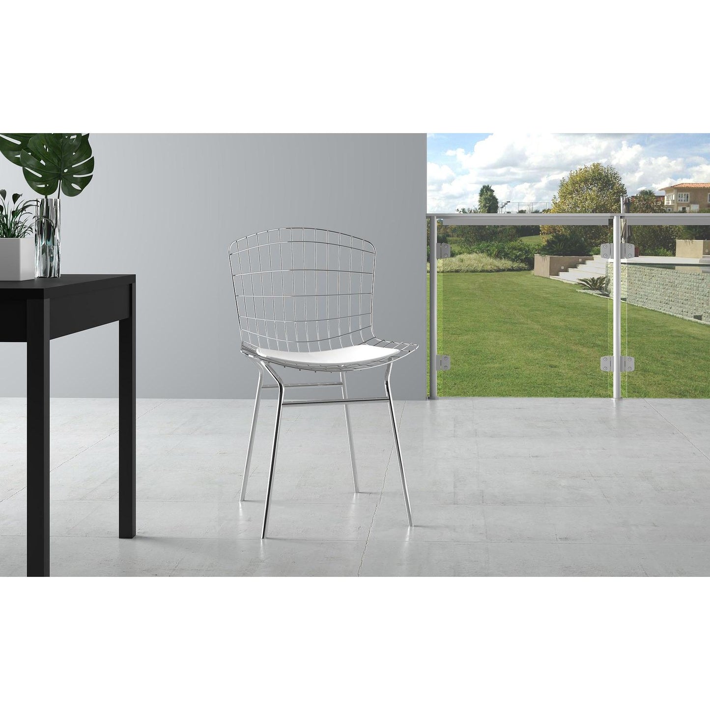 Manhattan Comfort Madeline Metal Chair With Seat Cushion In Silver & White