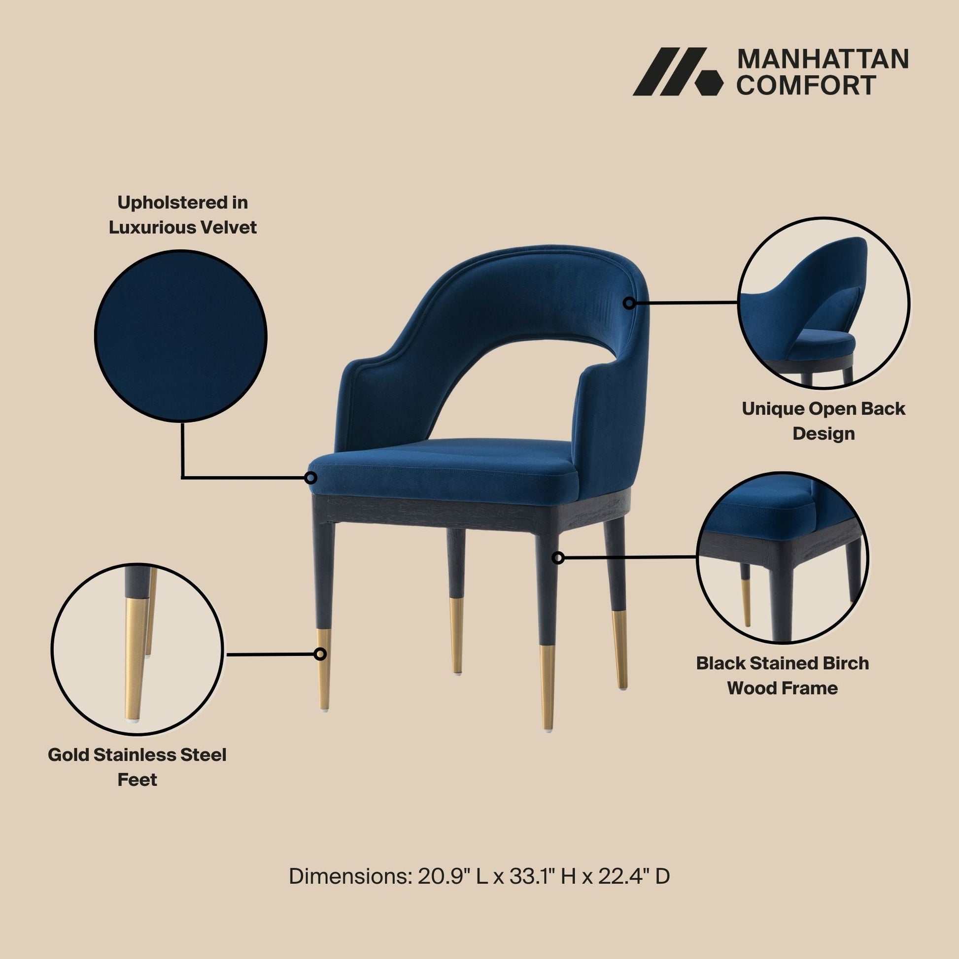 Manhattan Comfort Midnight Blue Modern Carrington Velvet Dining Armchair In A Set Of 2