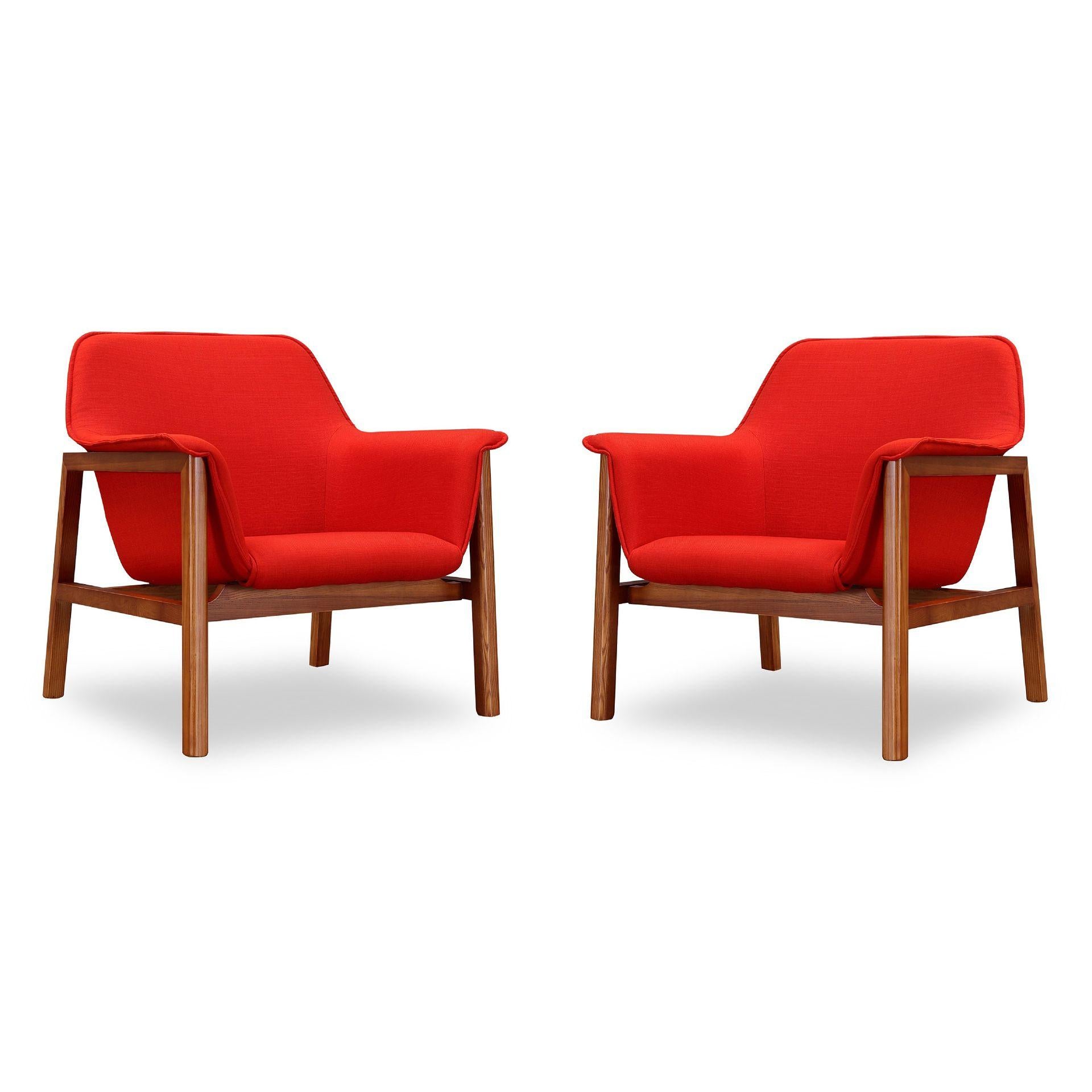 Manhattan Comfort Miller Burnt Orange & Walnut Linen Weave Accent Chairs In A Set Of 2