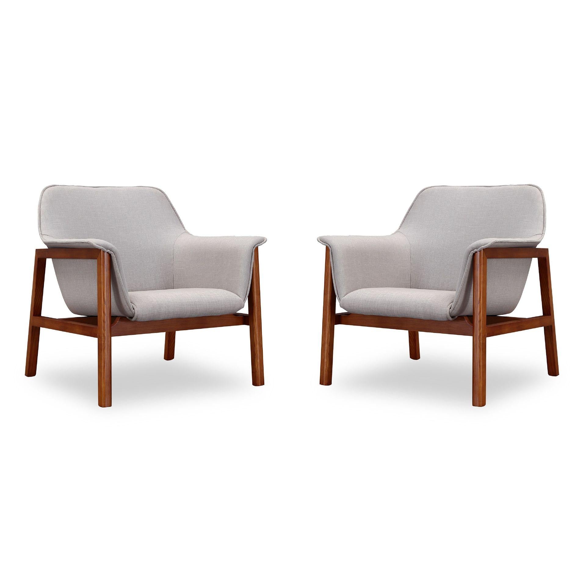 Manhattan Comfort Miller Gray & Walnut Linen Weave Accent Chairs In A Set Of 2