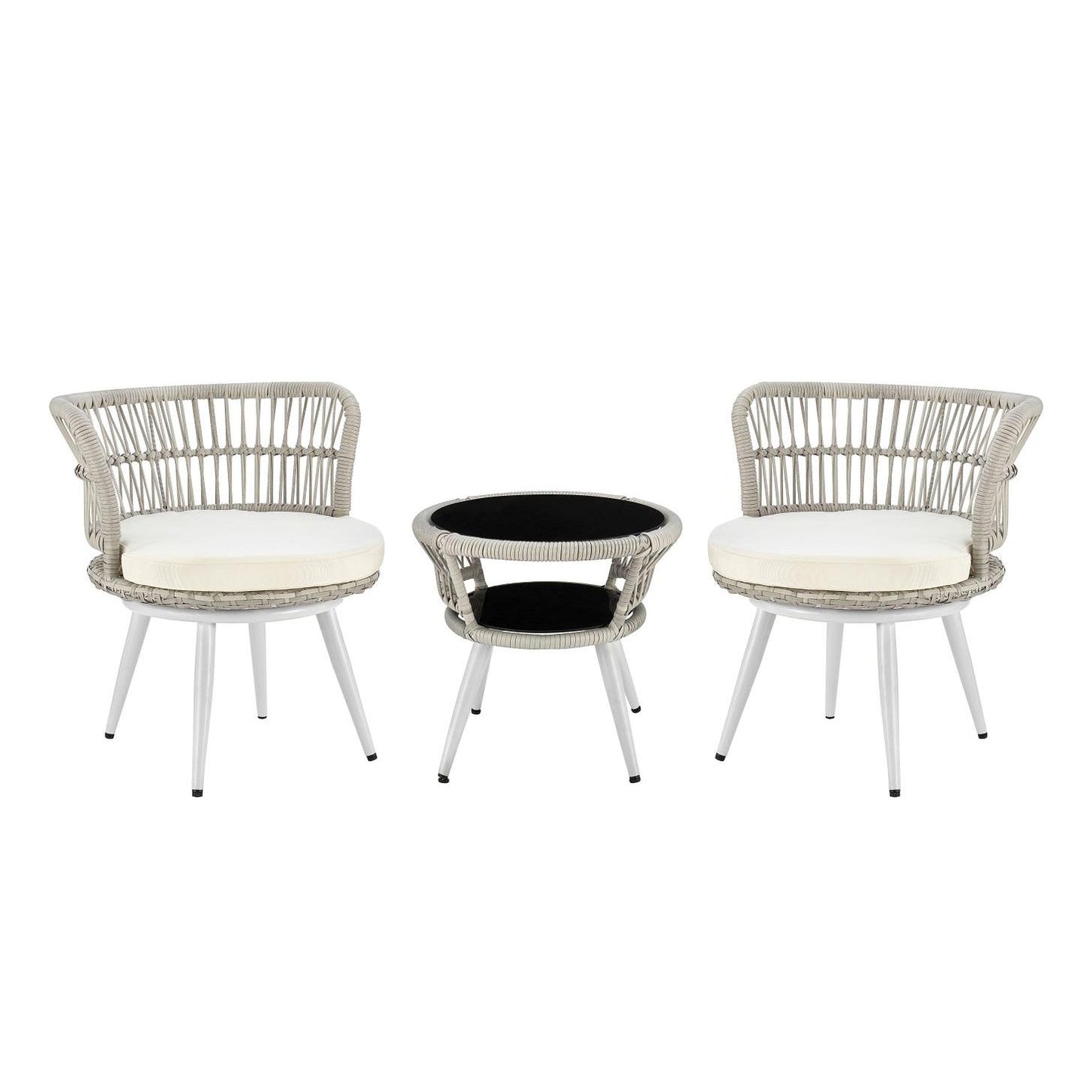 Manhattan Comfort Monaco Rope Wicker 3-Piece Patio Conversation Set With Cushions In Cream