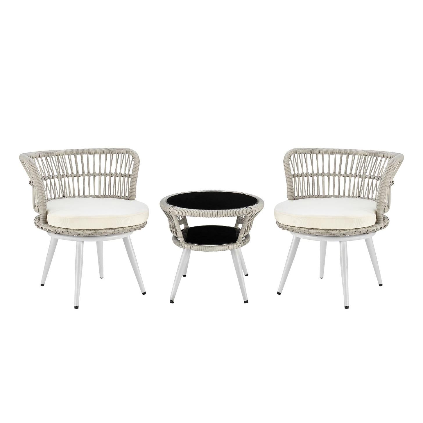 Manhattan Comfort Monaco Rope Wicker 3-Piece Patio Conversation Set With Cushions In Cream