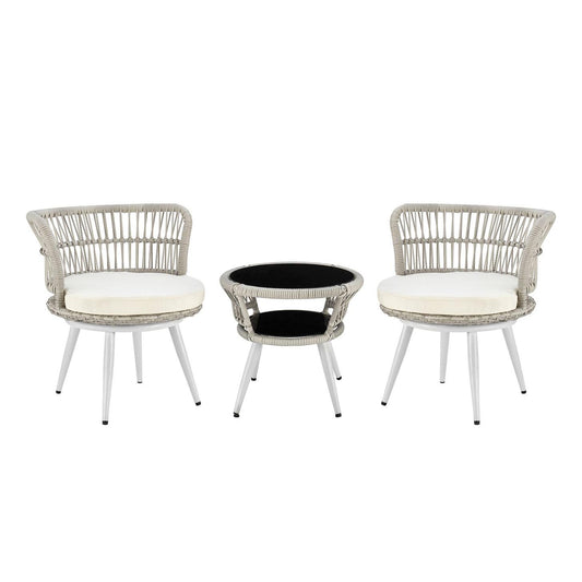 Manhattan Comfort Monaco Rope Wicker 3-Piece Patio Conversation Set With Cushions In Cream