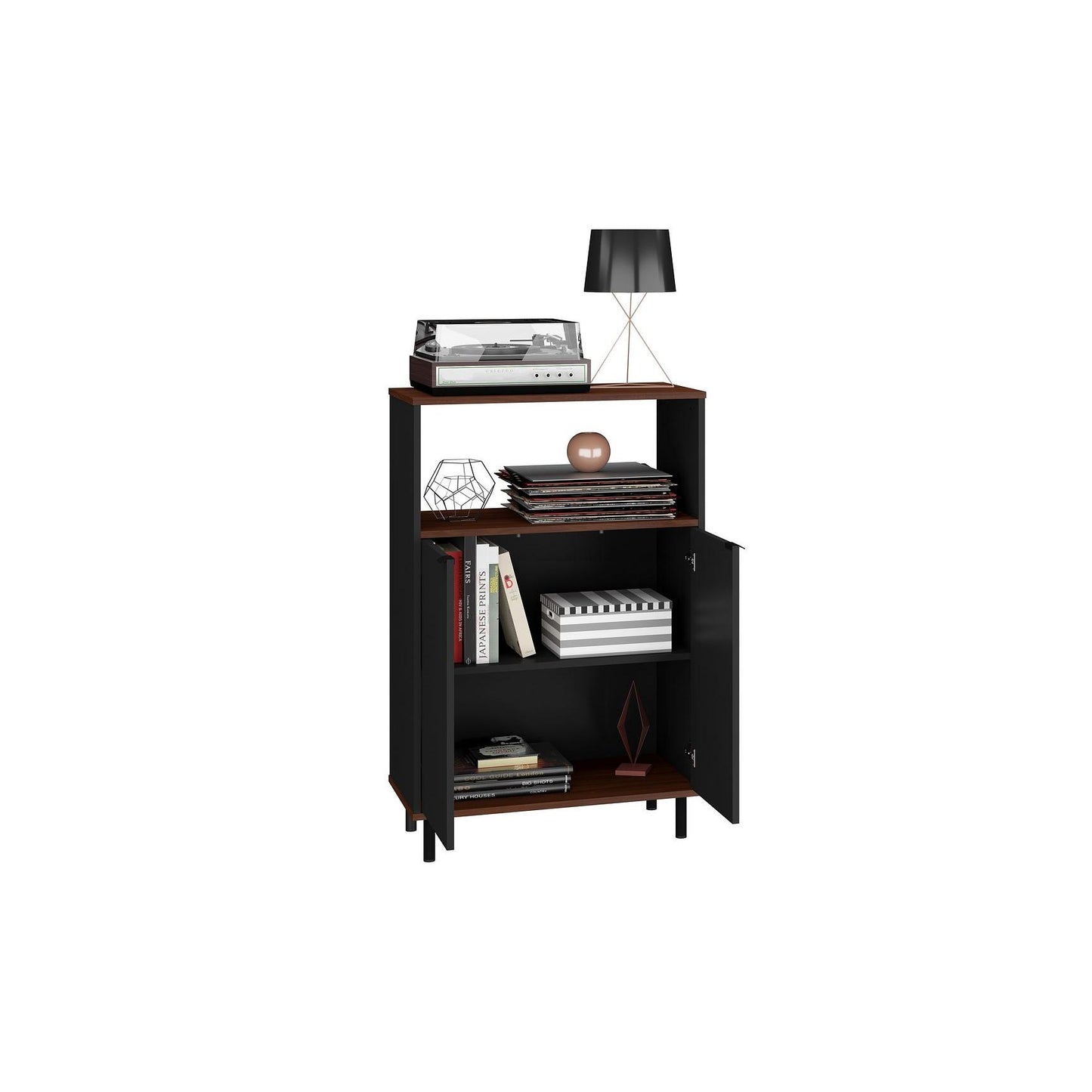 Manhattan Comfort Mosholu Accent Cabinet With 3 Shelves In Black & Nut Brown
