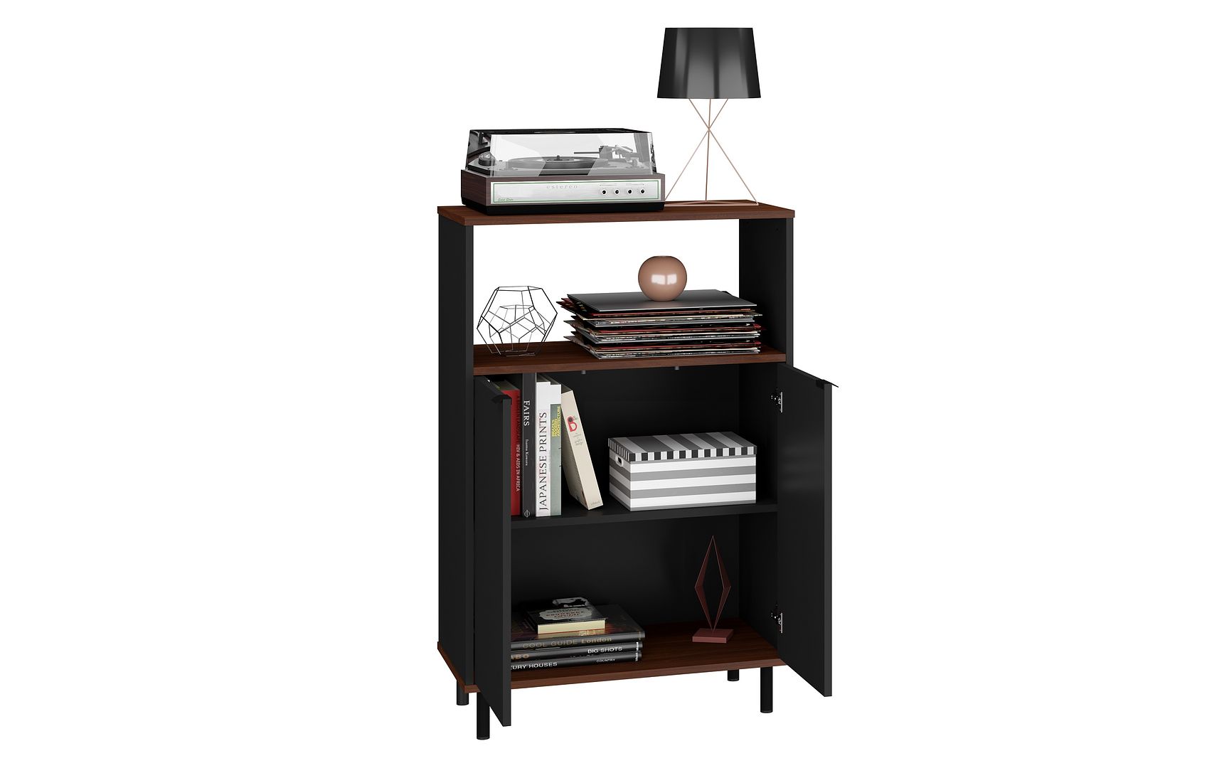 Manhattan Comfort Mosholu Accent Cabinet With 3 Shelves In Black & Nut Brown