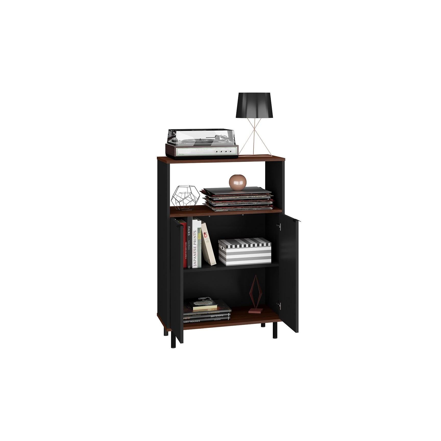 Manhattan Comfort Mosholu Accent Cabinet With 3 Shelves In Black & Nut Brown