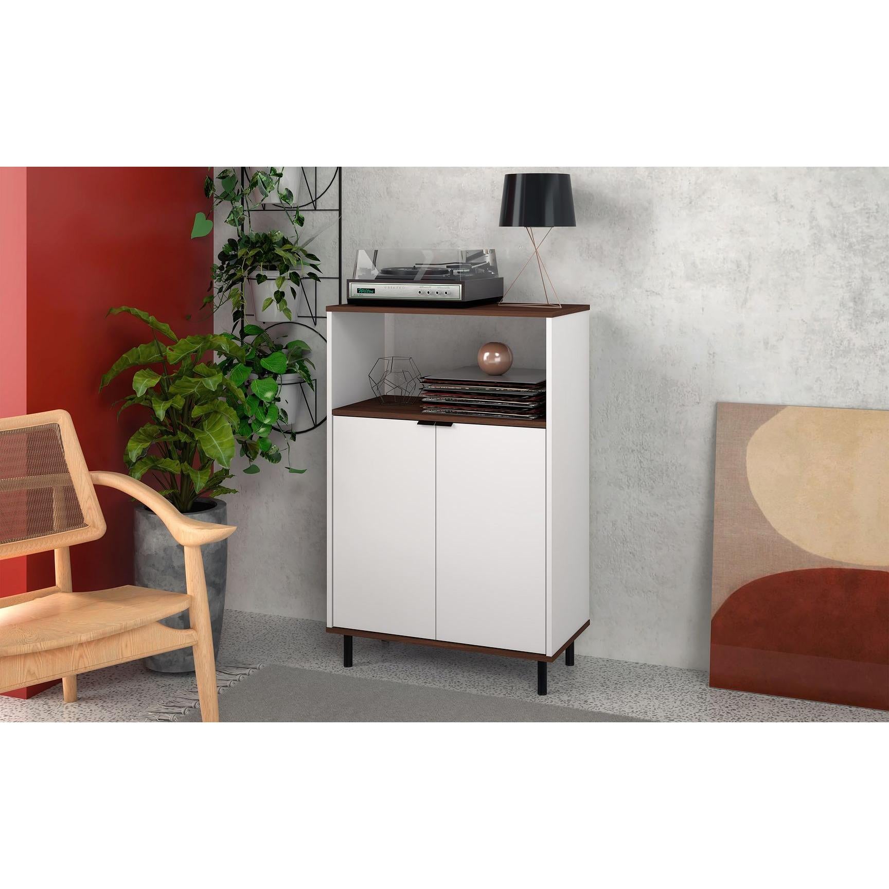 Manhattan Comfort Mosholu Accent Cabinet With 3 Shelves In White & Nut Brown