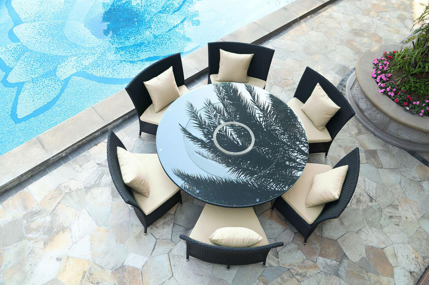 Manhattan Comfort Nightingdale Black 7-Piece Rattan Outdoor Dining Set With Cream & White Cushions