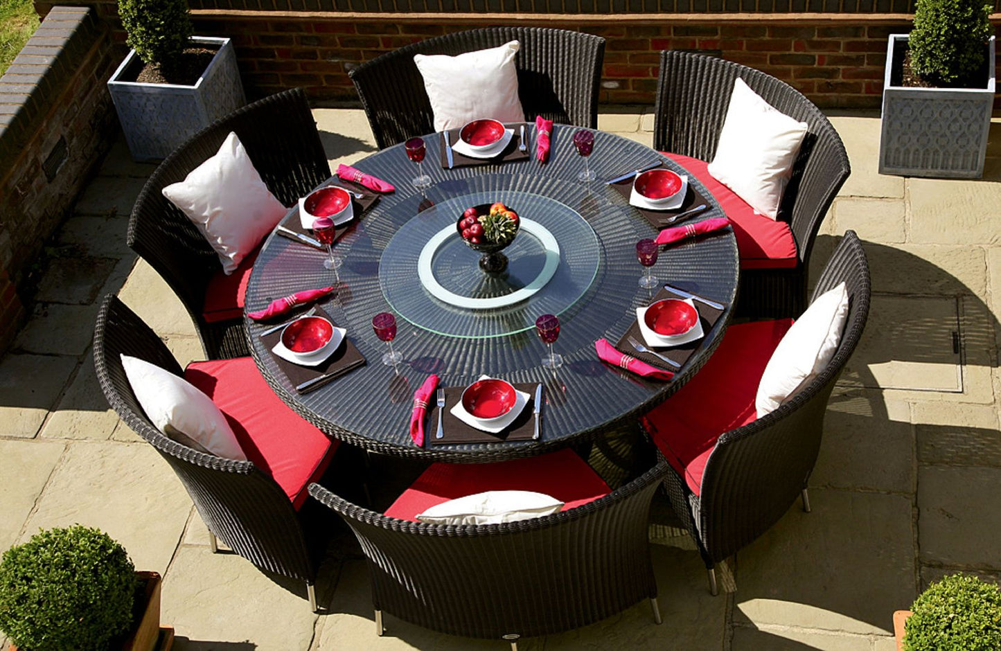 Manhattan Comfort Nightingdale Black 7-Piece Rattan Outdoor Dining Set With Red & White Cushions