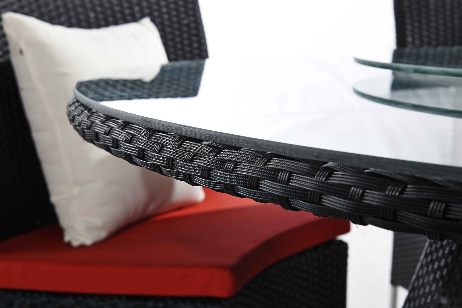 Manhattan Comfort Nightingdale Black 7-Piece Rattan Outdoor Dining Set With Red & White Cushions