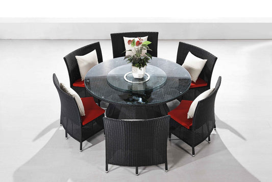 Manhattan Comfort Nightingdale Black 7-Piece Rattan Outdoor Dining Set With Red & White Cushions