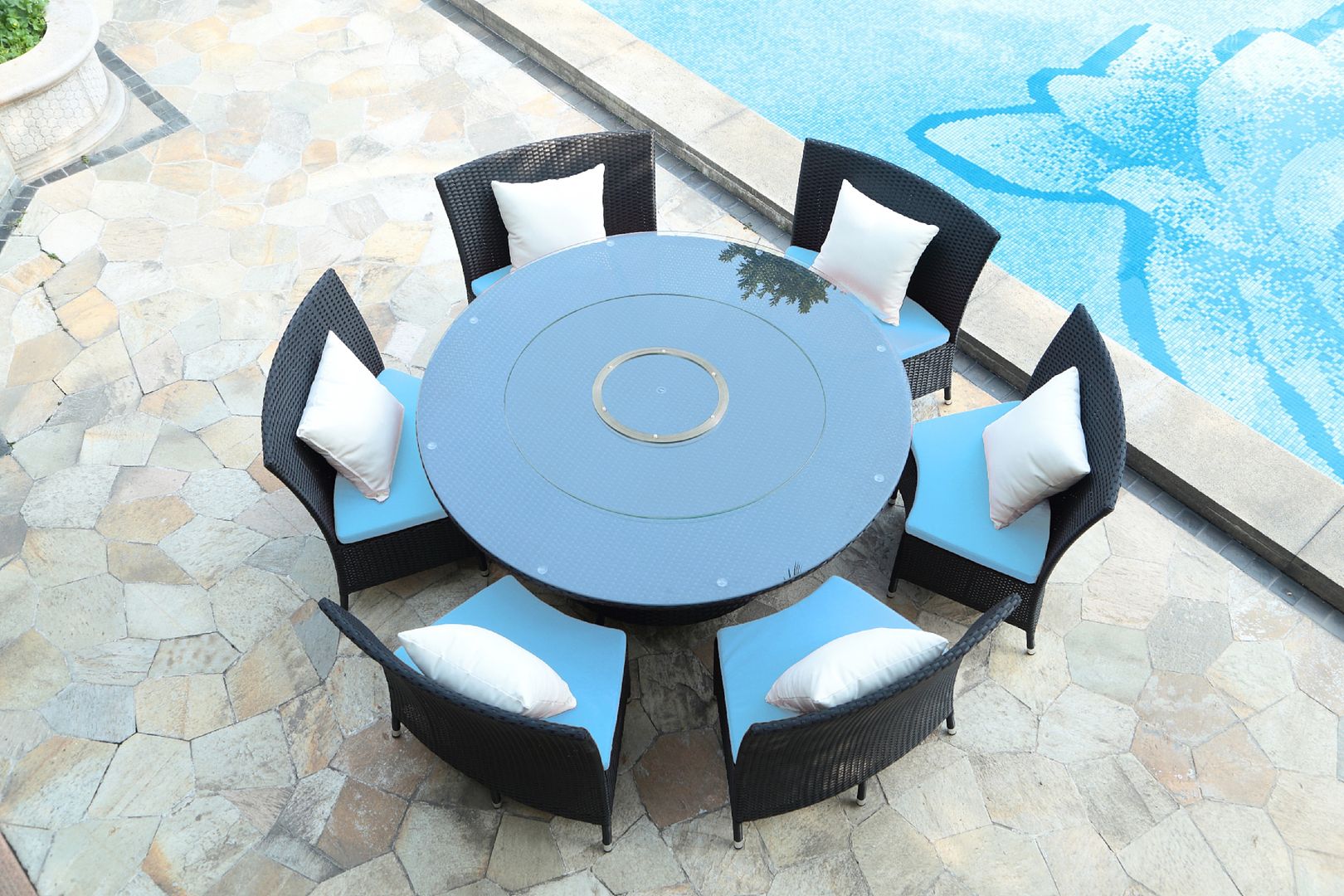Manhattan Comfort Nightingdale Black 7-Piece Rattan Outdoor Dining Set With Sky Blue & White Cushions