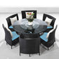 Manhattan Comfort Nightingdale Black 7-Piece Rattan Outdoor Dining Set With Sky Blue & White Cushions