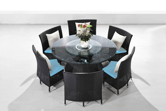 Manhattan Comfort Nightingdale Black 7-Piece Rattan Outdoor Dining Set With Sky Blue & White Cushions