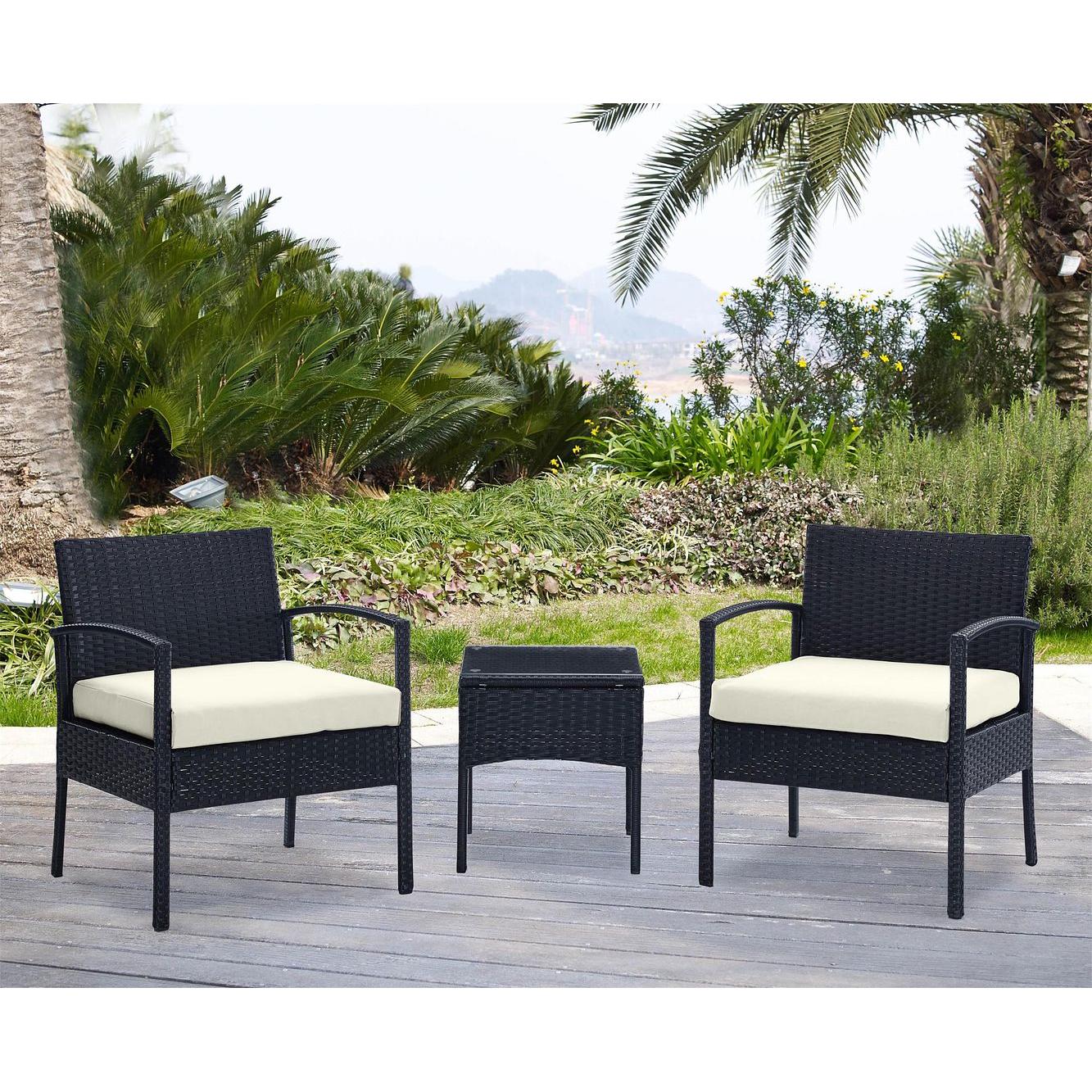 Manhattan Comfort Noli Steel Rattan 3-Piece Patio Conversation Set With Cushions In Cream