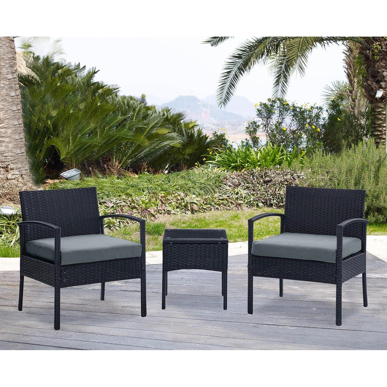 Manhattan Comfort Noli Steel Rattan 3-Piece Patio Conversation Set With Cushions In Gray