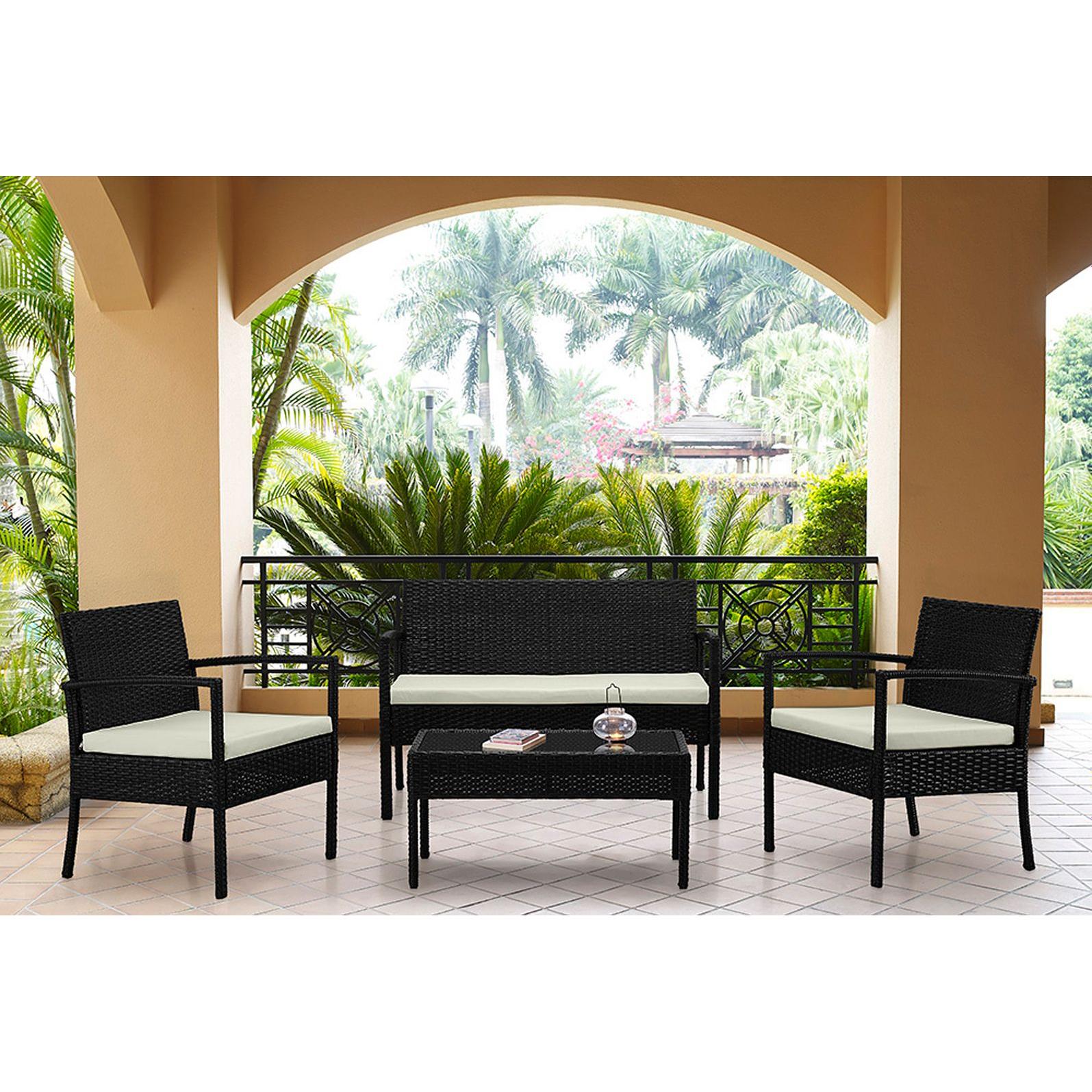 Manhattan Comfort Noli Steel Rattan 4-Piece Patio Conversation Set With Cushions In Cream