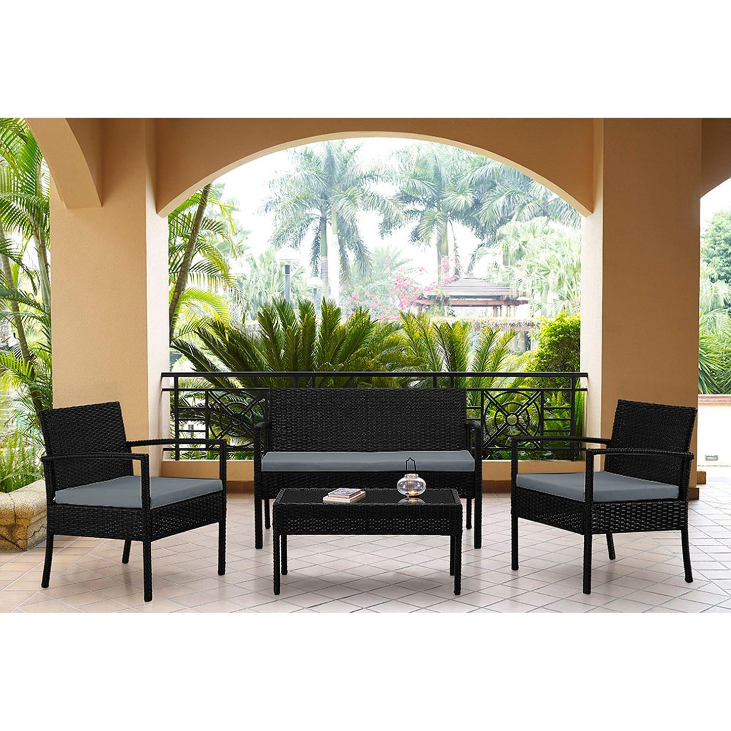 Manhattan Comfort Noli Steel Rattan 4-Piece Patio Conversation Set With Cushions In Gray