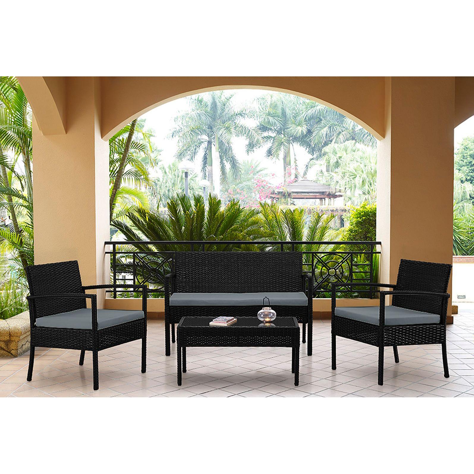 Manhattan Comfort Noli Steel Rattan 4-Piece Patio Conversation Set With Cushions In Gray