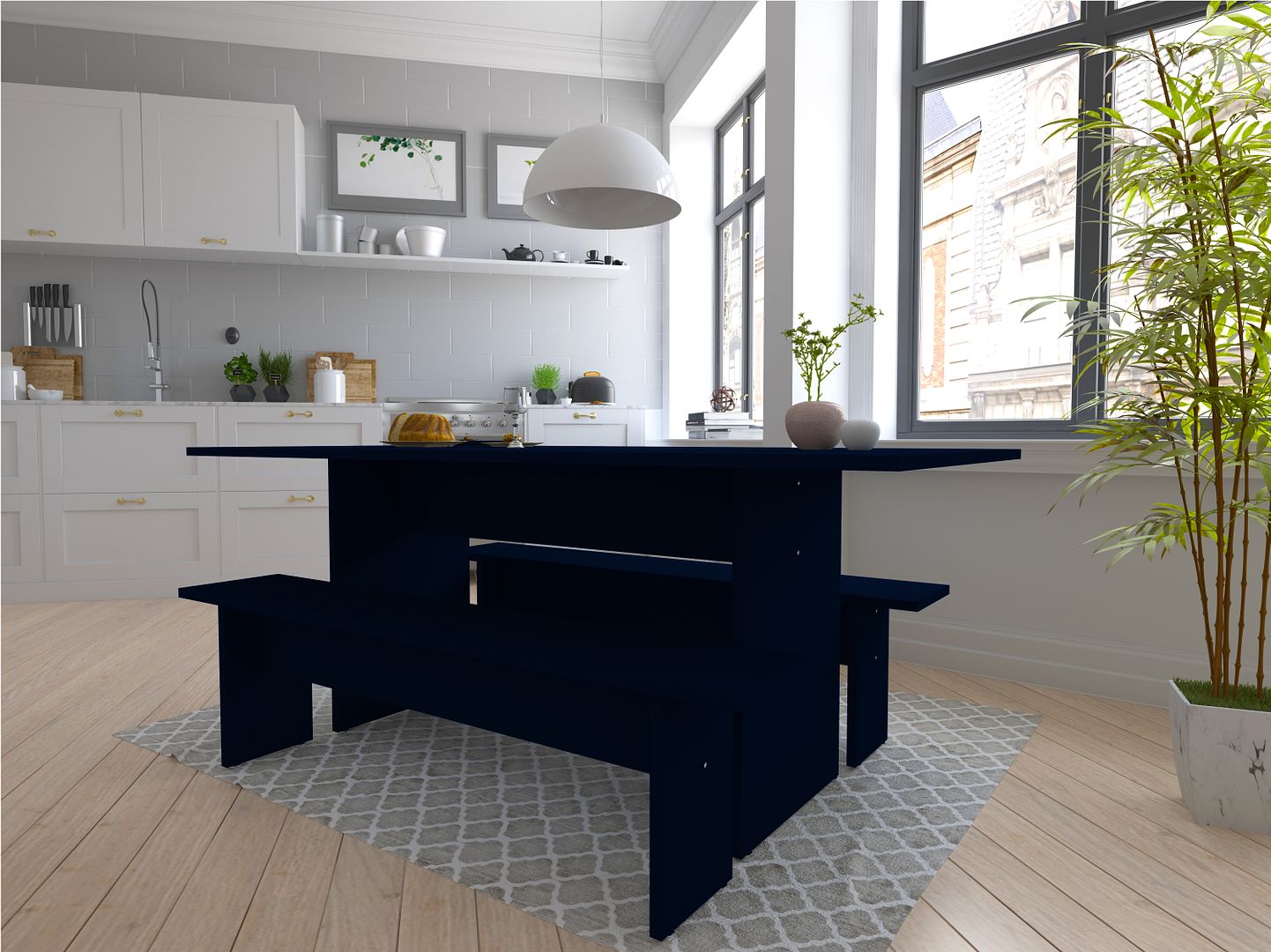 Manhattan Comfort Nomad 68" Tatiana Midnight Blue Modern Dining Set Of 3