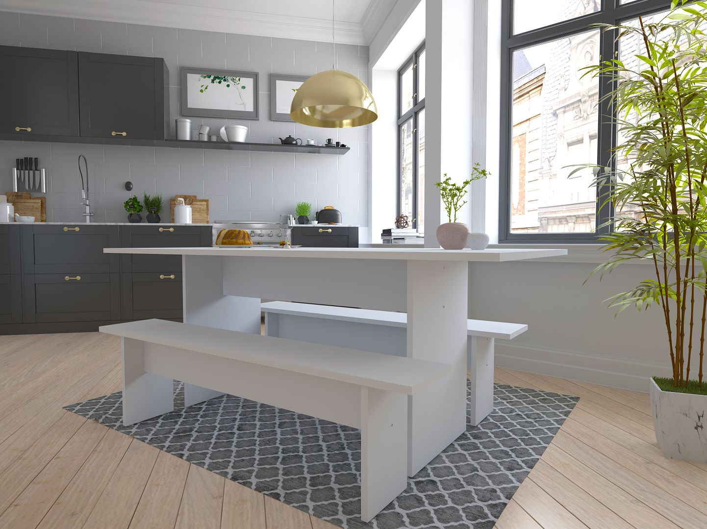 Manhattan Comfort Nomad 68" White Modern Dining Set Of 3