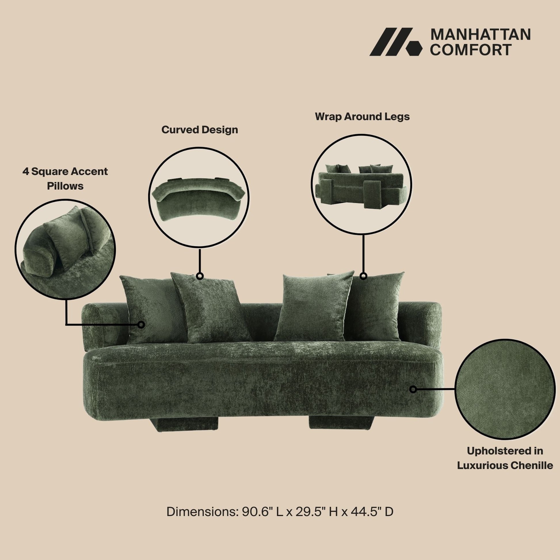 Manhattan Comfort Olive Green Modern Verandah Chenille 91" Sofa