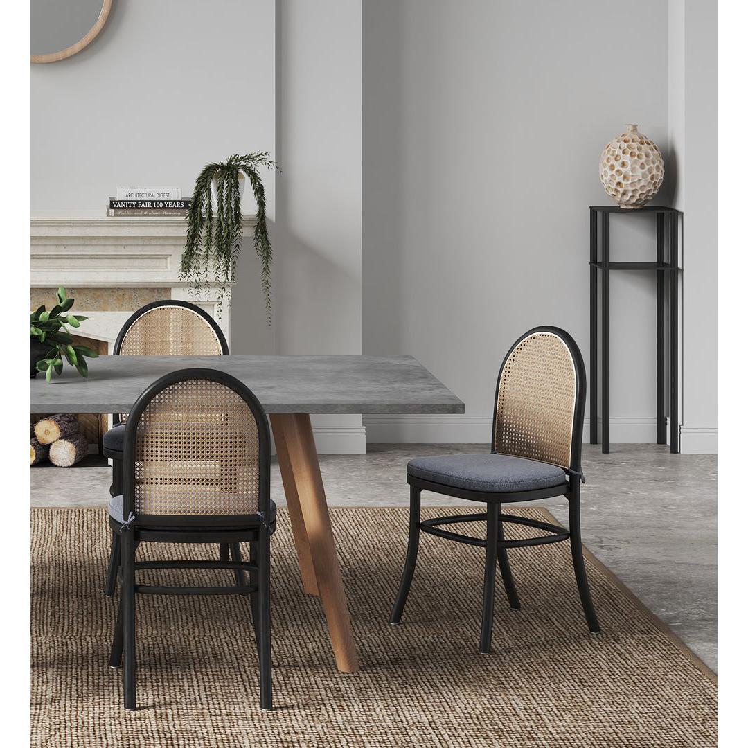 Manhattan Comfort Paragon Black & Cane Dining Chairs With Gray Cushions In A Set Of 2