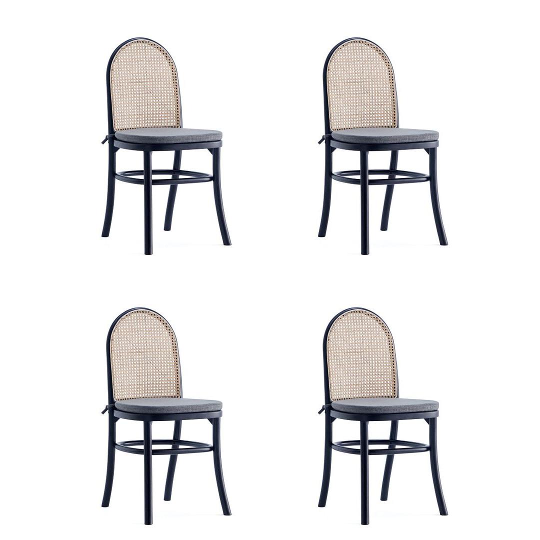 Manhattan Comfort Paragon Black & Cane Dining Chairs With Gray Cushions In A Set Of 4
