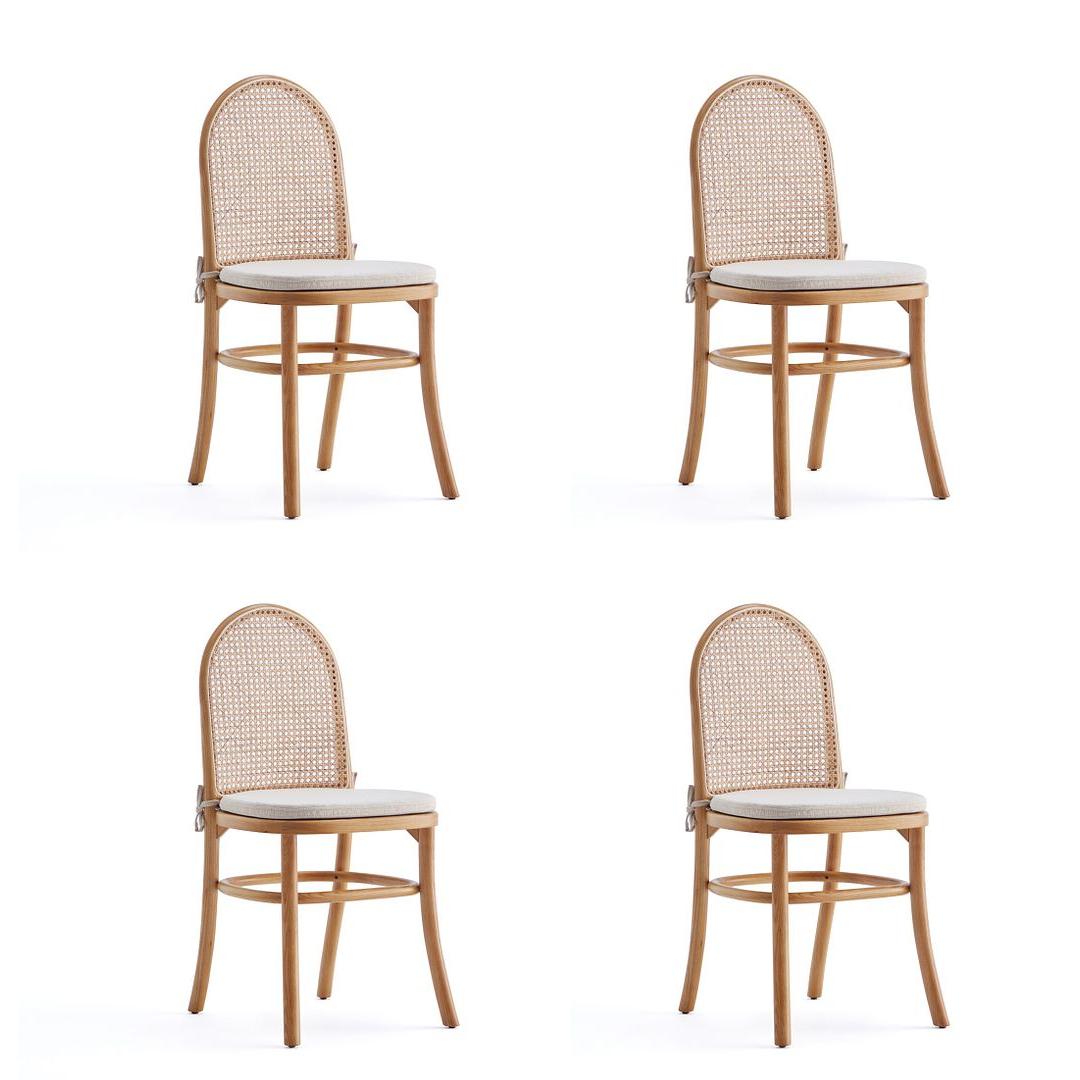Manhattan Comfort Paragon Nature & Cane Dining Chairs With Cream Cushions In A Set Of 4