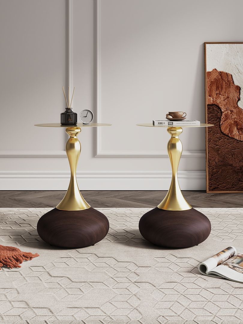 Manhattan Comfort Patchin Brown Wood Round End Table With Gold Tabletop In A Set Of 2