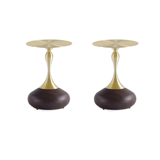Manhattan Comfort Patchin Brown Wood Round End Table With Gold Tabletop In A Set Of 2