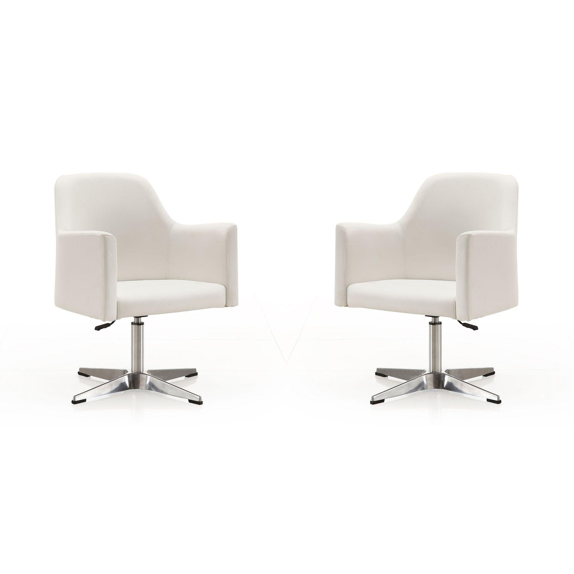 Manhattan Comfort Pelo White & Polished Chrome Faux Leather Adjustable Height Swivel Accent Chairs In A Set Of 2