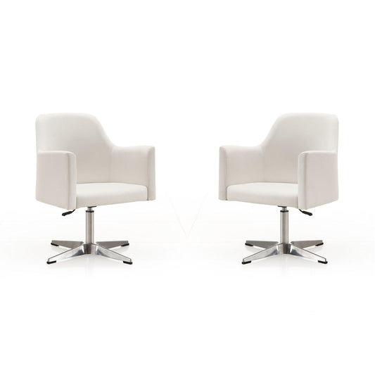 Manhattan Comfort Pelo White & Polished Chrome Faux Leather Adjustable Height Swivel Accent Chairs In A Set Of 2