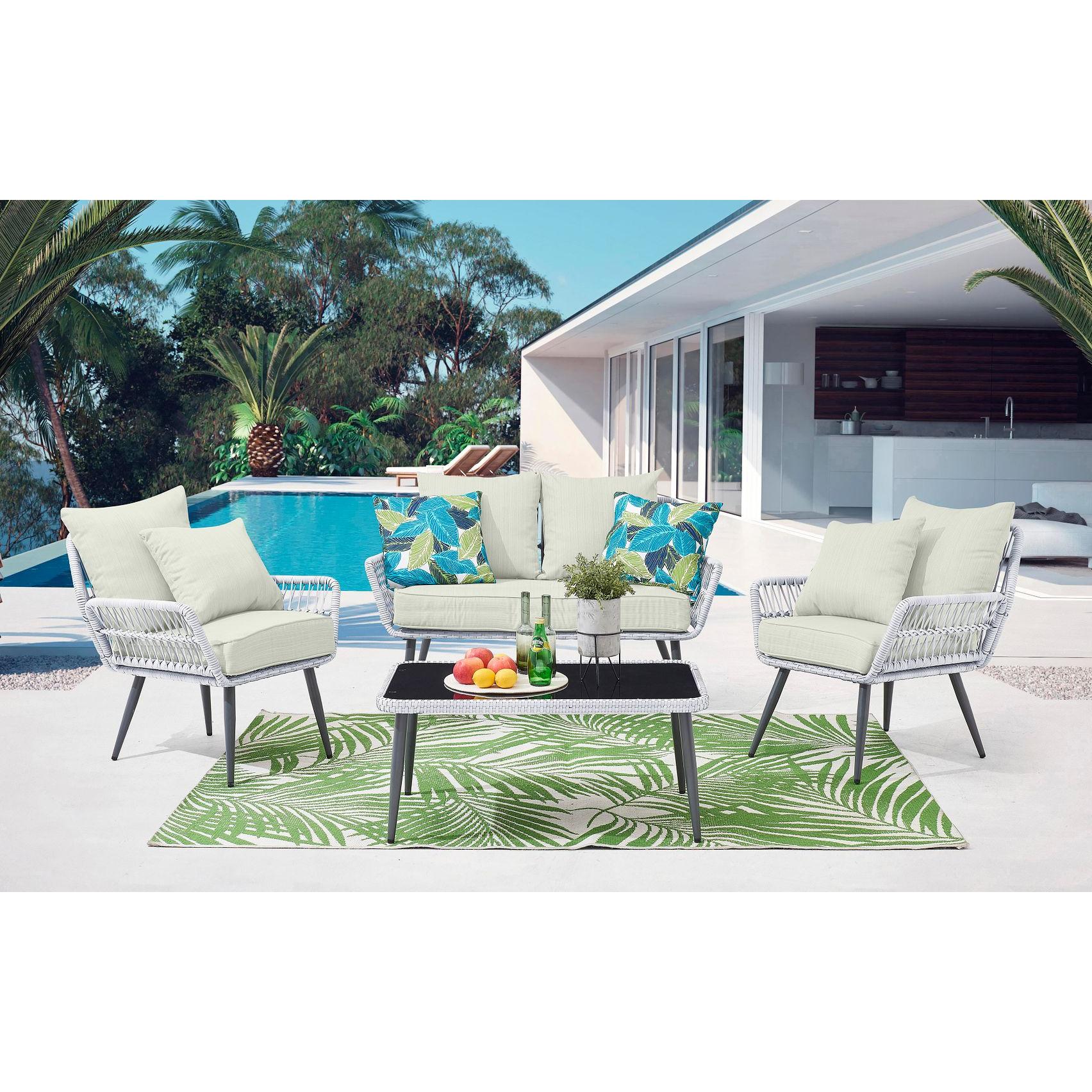 Manhattan Comfort Portofino Rope Wicker 4-Piece Patio Conversation Set With Cushions In Cream
