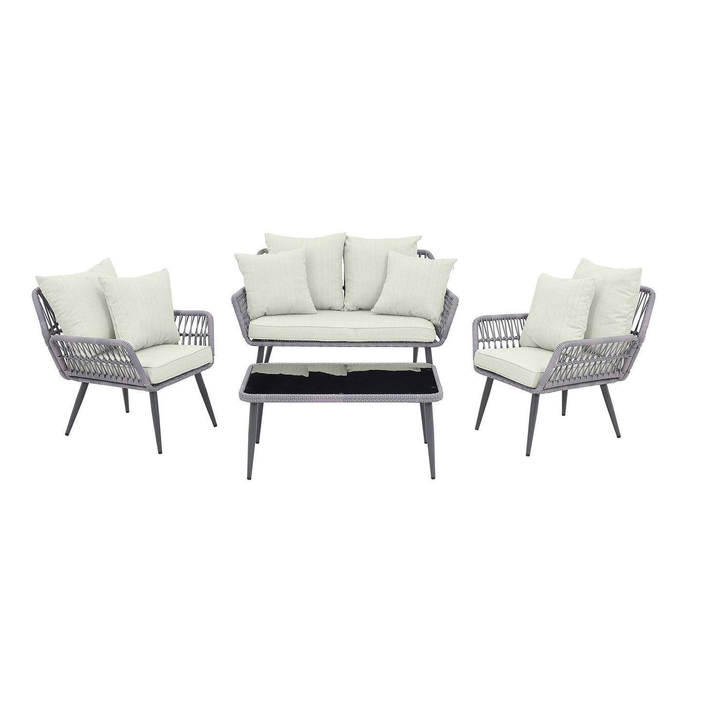 Manhattan Comfort Portofino Rope Wicker 4-Piece Patio Conversation Set With Cushions In Cream