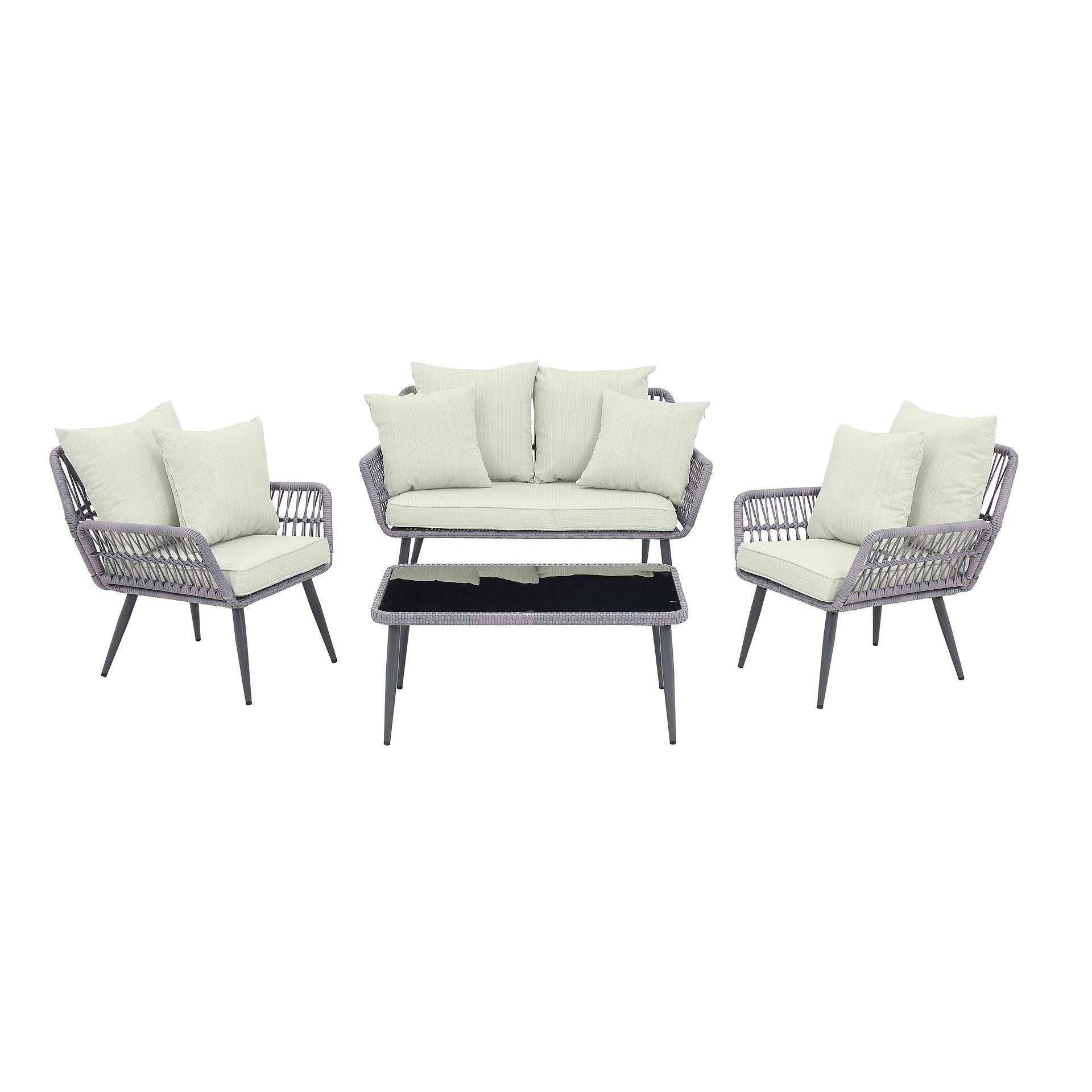 Manhattan Comfort Portofino Rope Wicker 4-Piece Patio Conversation Set With Cushions In Cream