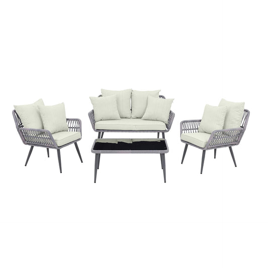 Manhattan Comfort Portofino Rope Wicker 4-Piece Patio Conversation Set With Cushions In Cream