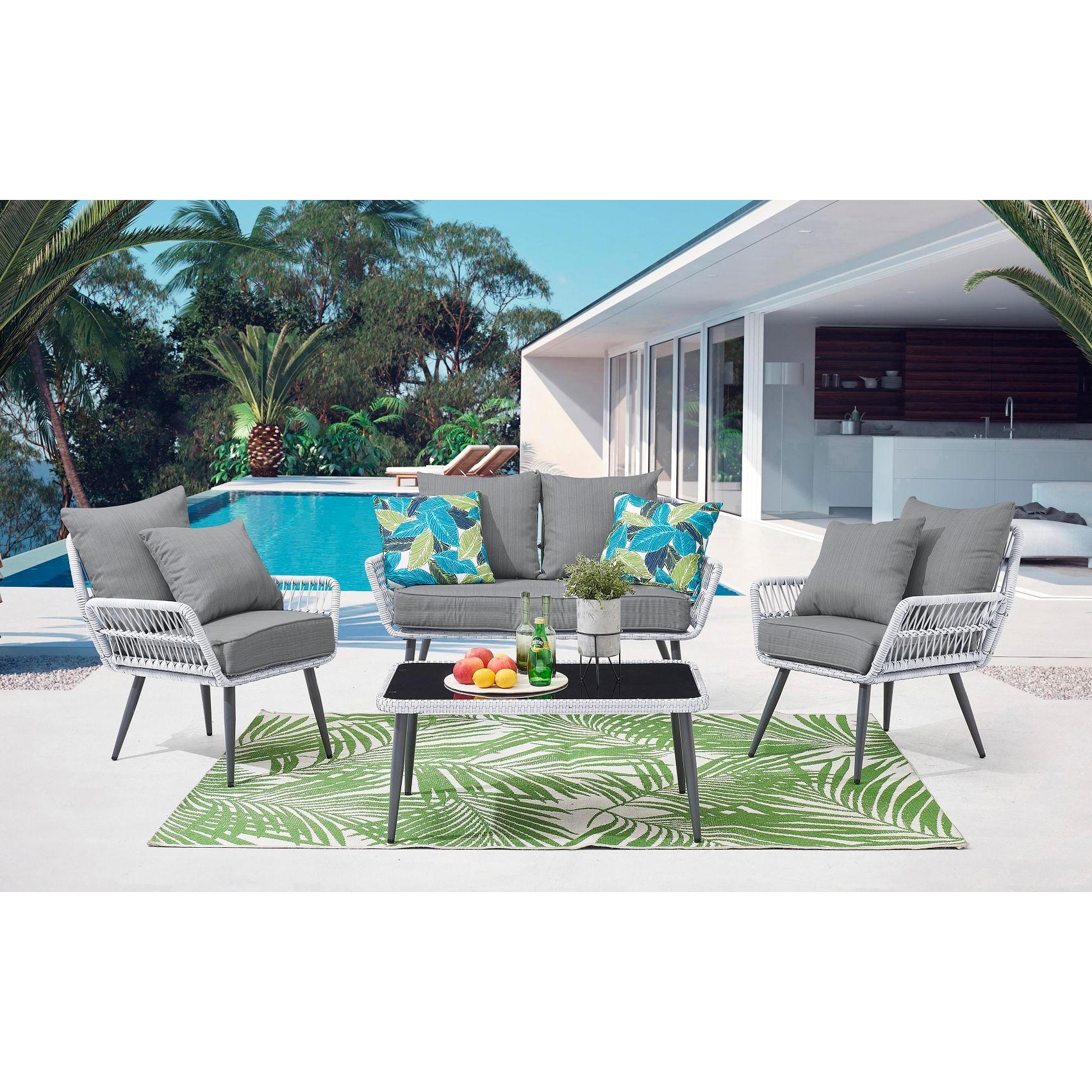 Manhattan Comfort Portofino Rope Wicker 4-Piece Patio Conversation Set With Cushions In Gray