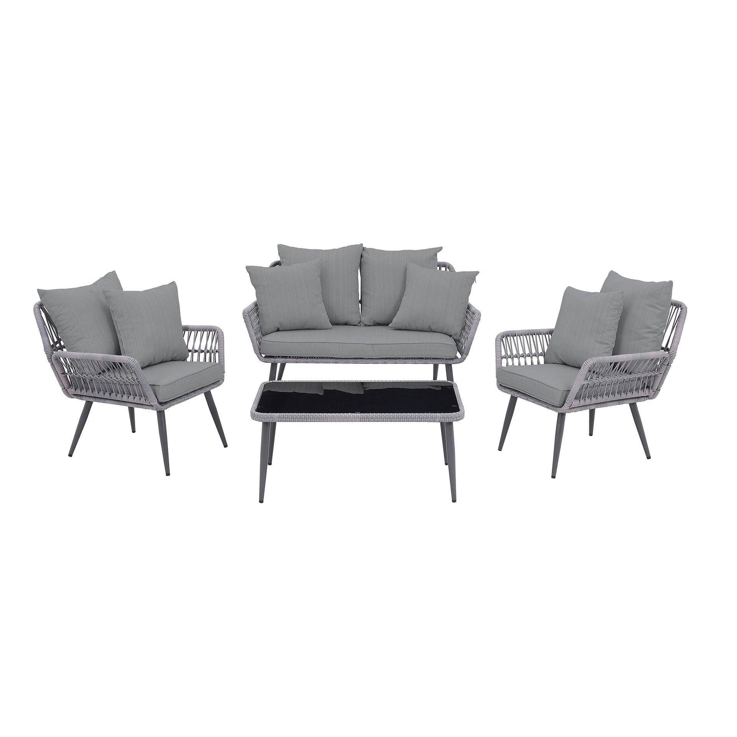 Manhattan Comfort Portofino Rope Wicker 4-Piece Patio Conversation Set With Cushions In Gray