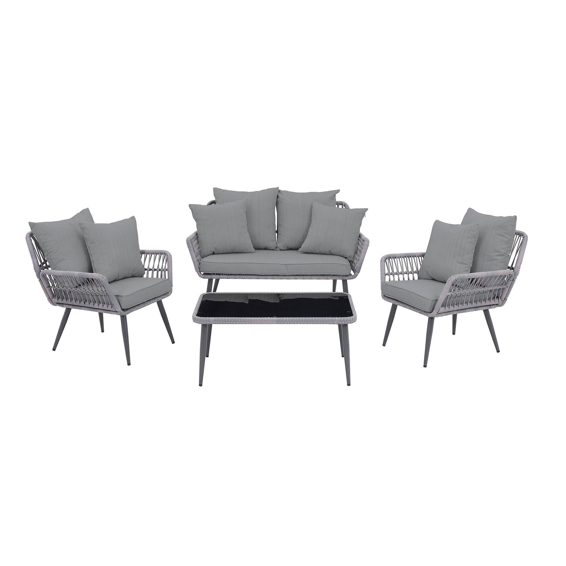Manhattan Comfort Portofino Rope Wicker 4-Piece Patio Conversation Set With Cushions In Gray