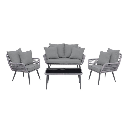Manhattan Comfort Portofino Rope Wicker 4-Piece Patio Conversation Set With Cushions In Gray