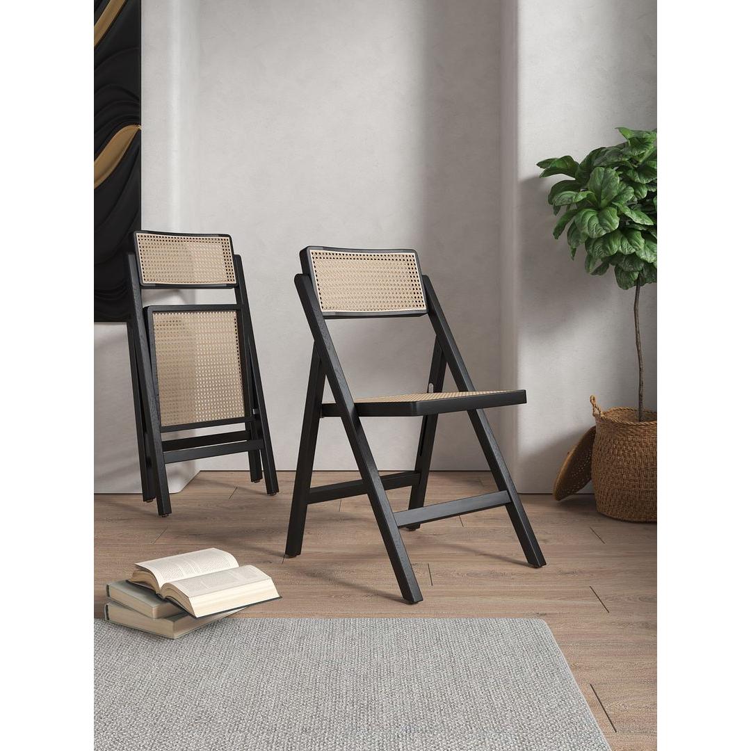 Manhattan Comfort Pullman Black & Natural Cane Folding Dining Chairs In A Set Of 2