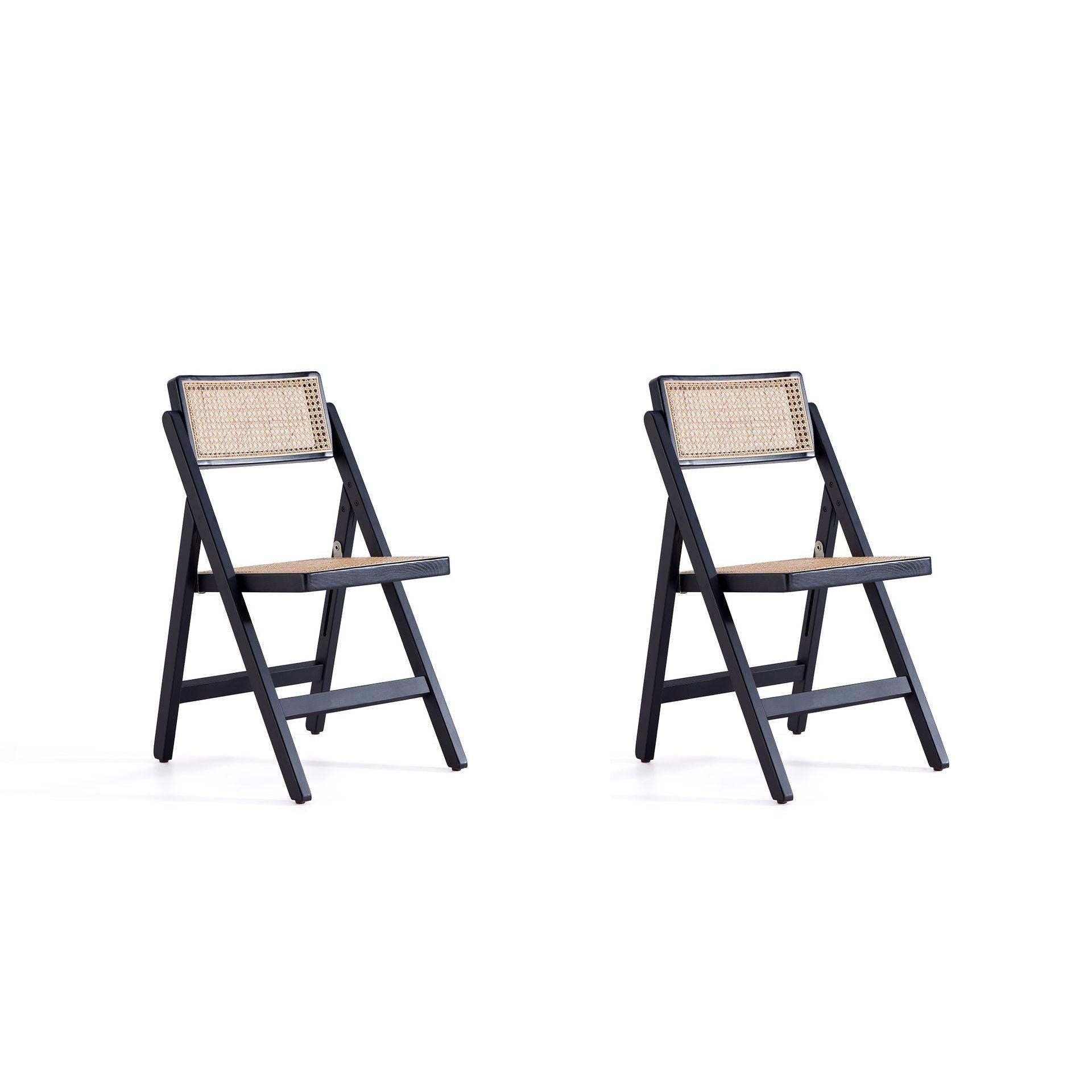 Manhattan Comfort Pullman Black & Natural Cane Folding Dining Chairs In A Set Of 2
