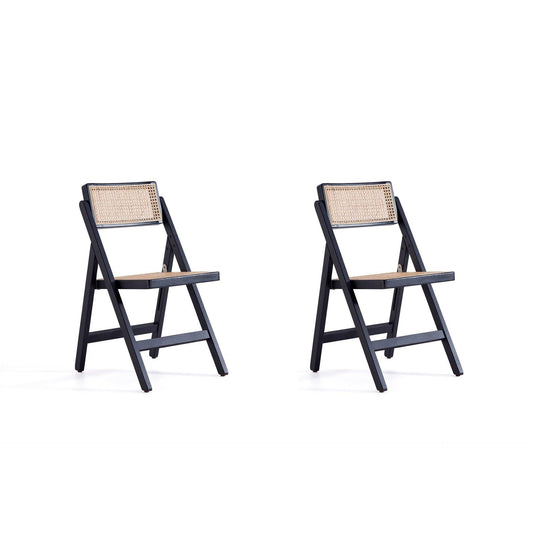 Manhattan Comfort Pullman Black & Natural Cane Folding Dining Chairs In A Set Of 2